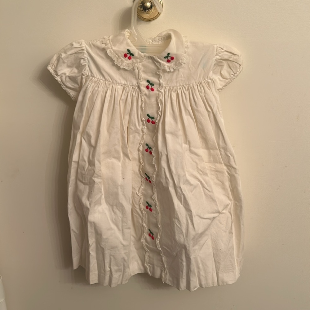 Vintage Twinx Designed Baby Dress with Embr Cherry Design Button Down Front